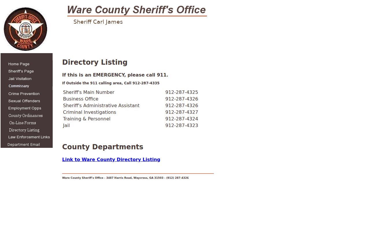 Ware County warrant records sheriff phone directory
