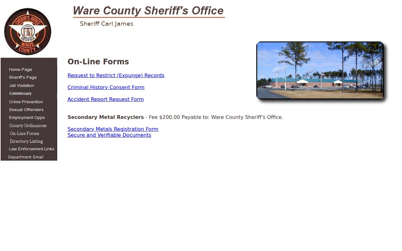 Ware County warrant records sheriff forms menu